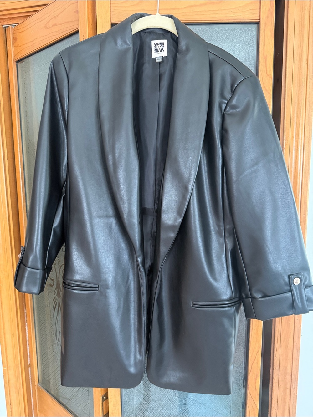 Anne Klein Black Faux Leather Open Blazer Lg